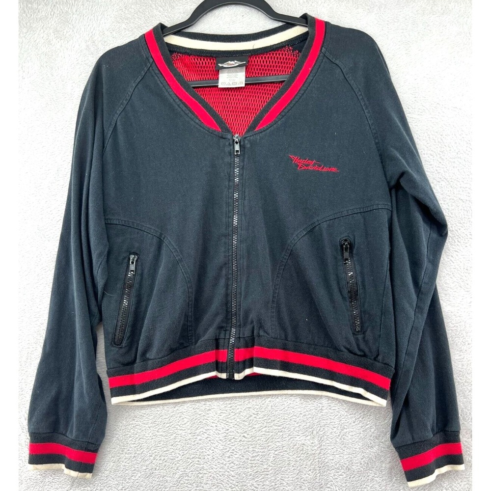 VTG Harley Davidson Jacket Womens Sz M Full Zip Black Red Graphic Back Y2K